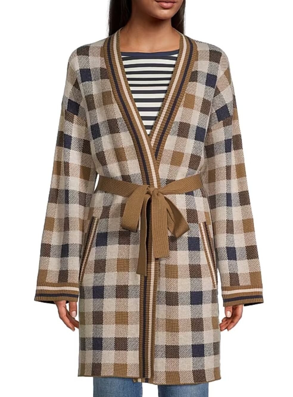 Weekend Max Mara Lavagna Belted Plaid Cardigan Longline Caramel Large